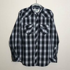 Urban Pipeline‎ Shirt Mens L Button Up Gray Black Plaid Western Cowboy Roll-Tab